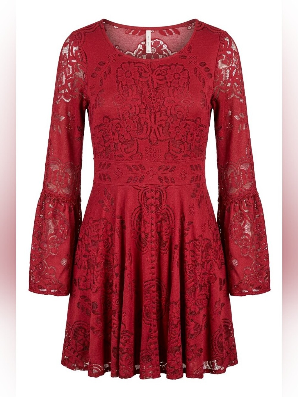 Free People Red Lace Lover’s Folk Song Bell Sleeve Mini Dress Size 6